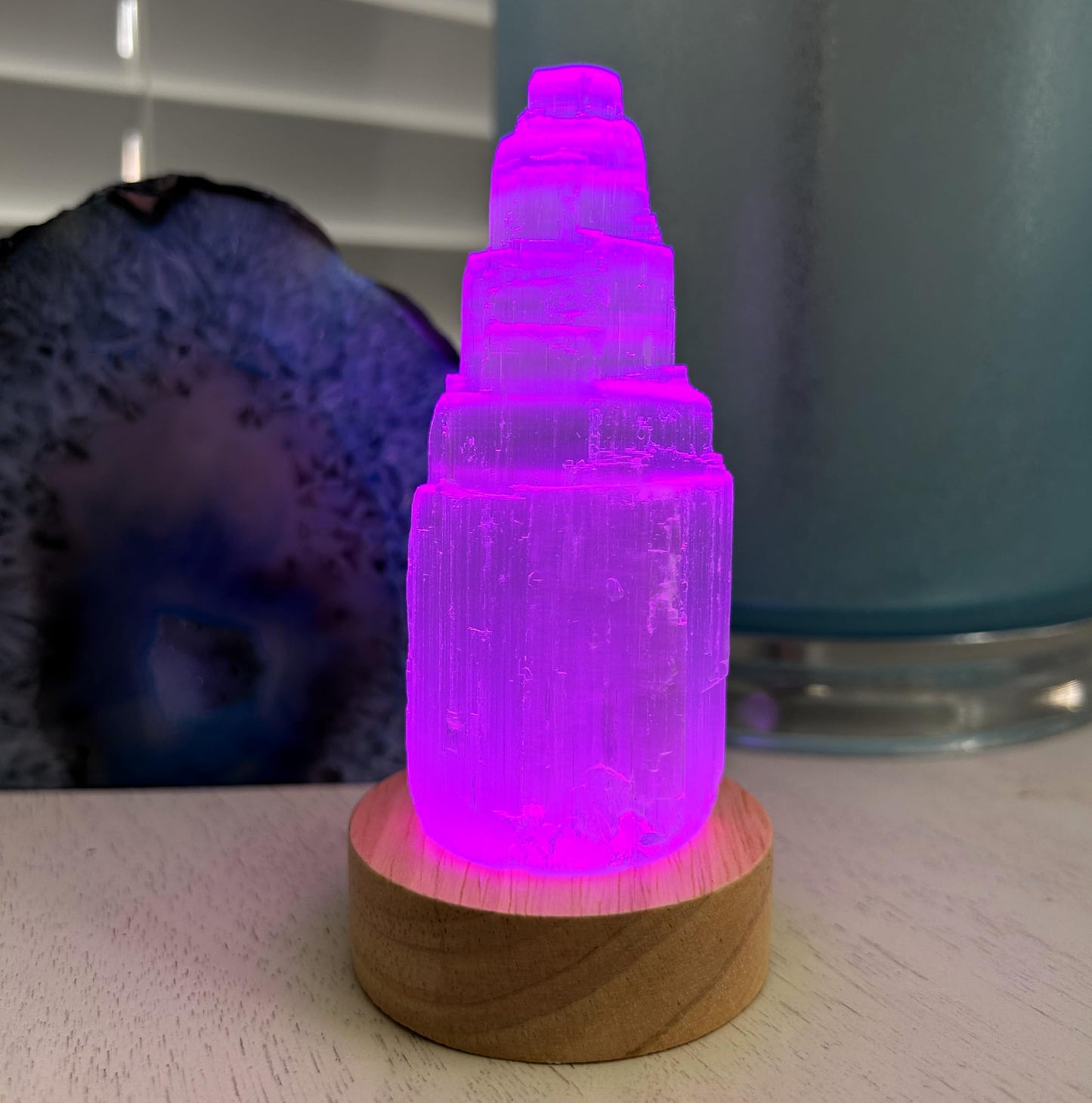 Small 4" Selenite Carved Moroccan Crystal Tower Skyscraper & USB Rainbow Multi-Color Changing LED Wooden Base Charge Crystals, Gems, Jewelry. Cleanse Unwanted Energy, Reiki Practitioner Energy Infused