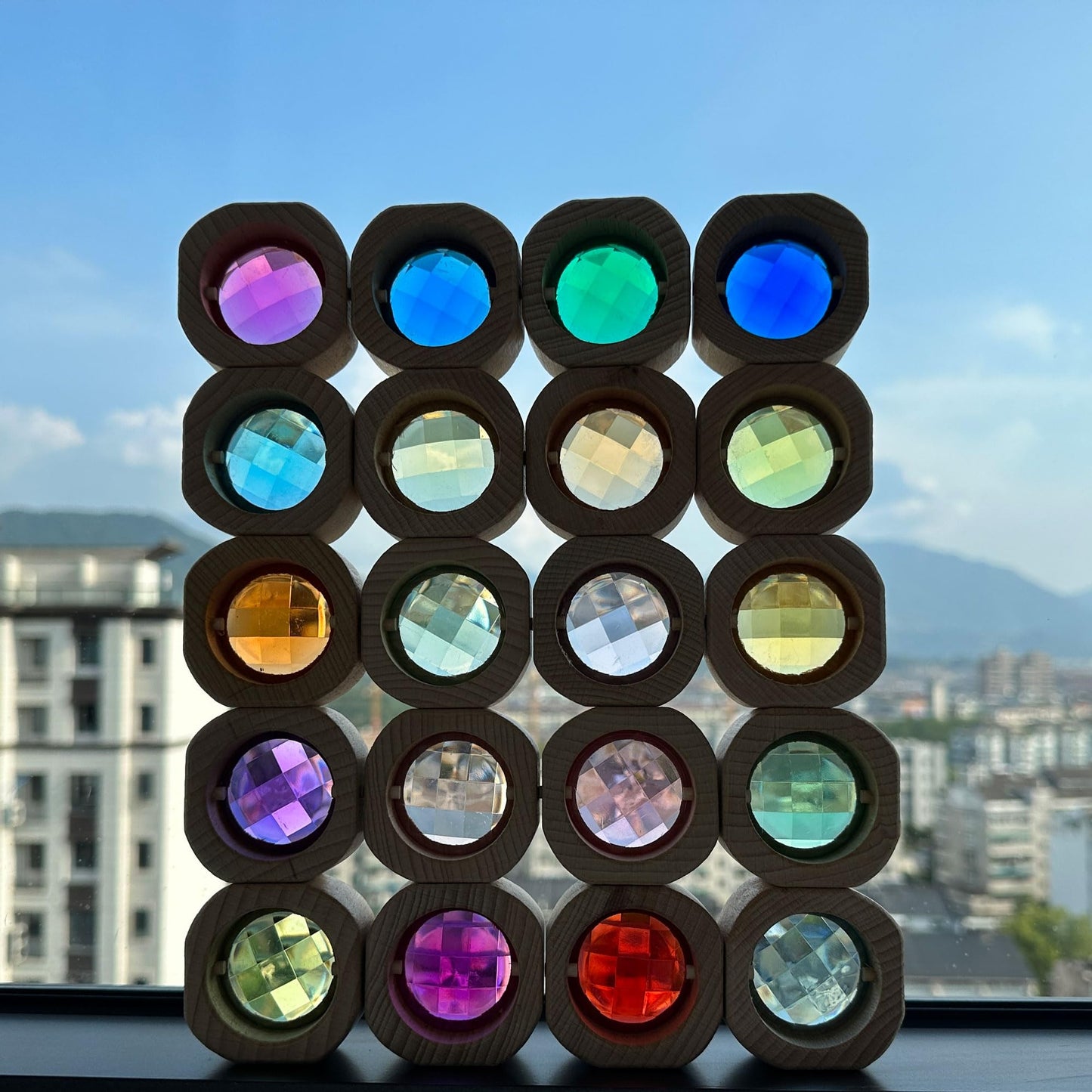 KOAICS 20PCS Wooden Gem Blocks Stacking Toys,Colorful Acrylic Windows Blocks, Rainbow Crystal Acrylic Building Cubes Educational Sensory Training Crystal Toys (20PCS Round Gem Blocks)