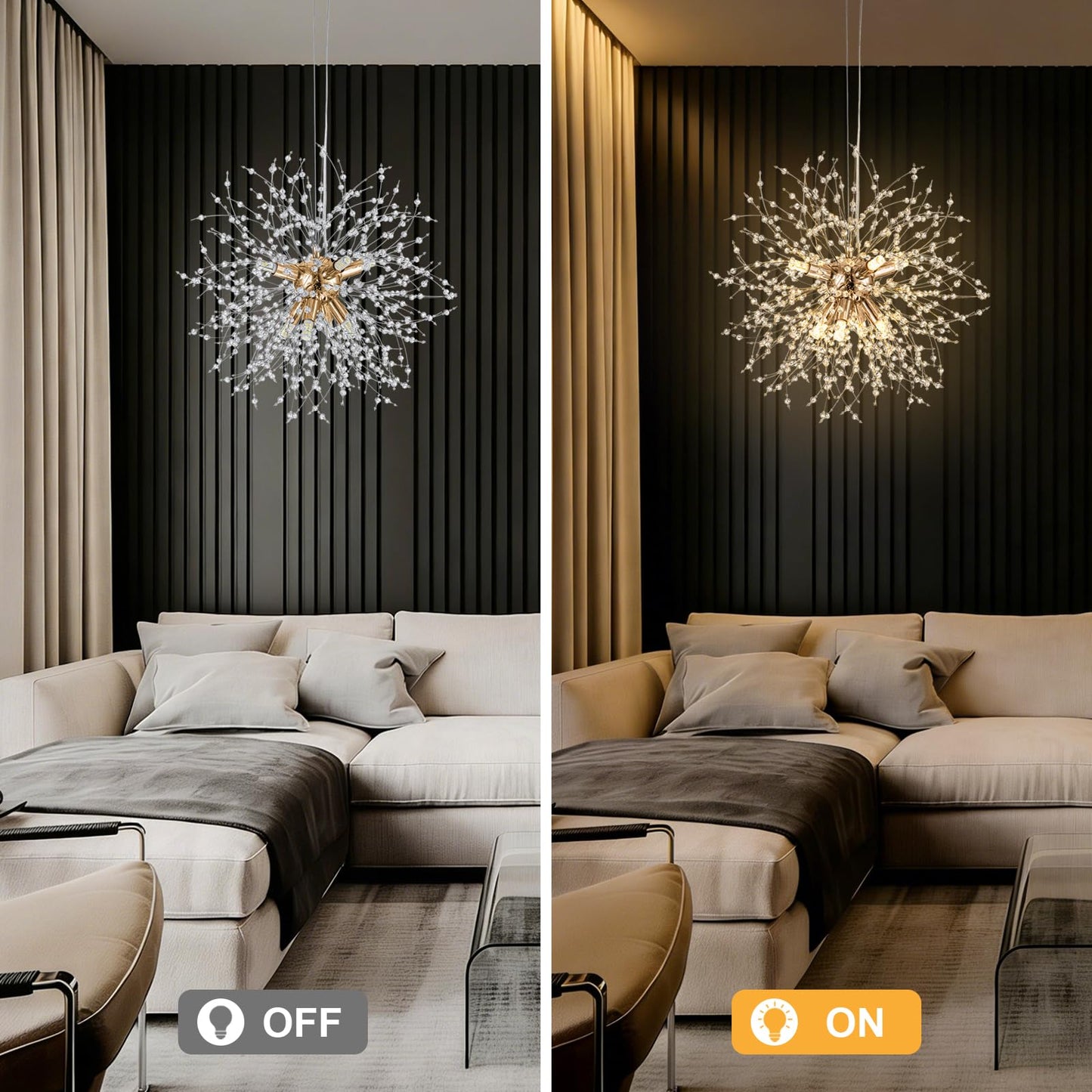 AMZERA 8-Light Gold Dandelion Chandeliers Crystal Modern Firework Lighting Fixtures for Dining Room Kitchen Foyer Entryway Bedroom Hallway Bar