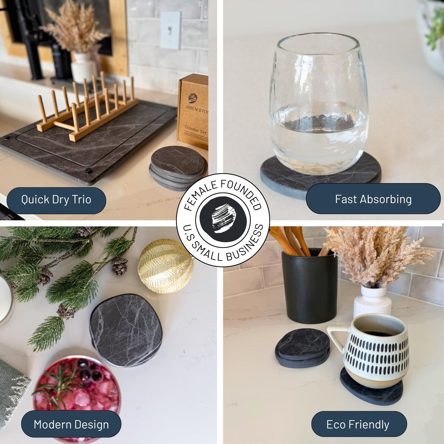 Siren Stone Diatomaceous Earth Coasters Set of 4 | Absorbent Stone Coasters for Drinks | Quick Dry, Water Absorbing | Non-Toxic, BPA-Free | Female Founded USA Brand