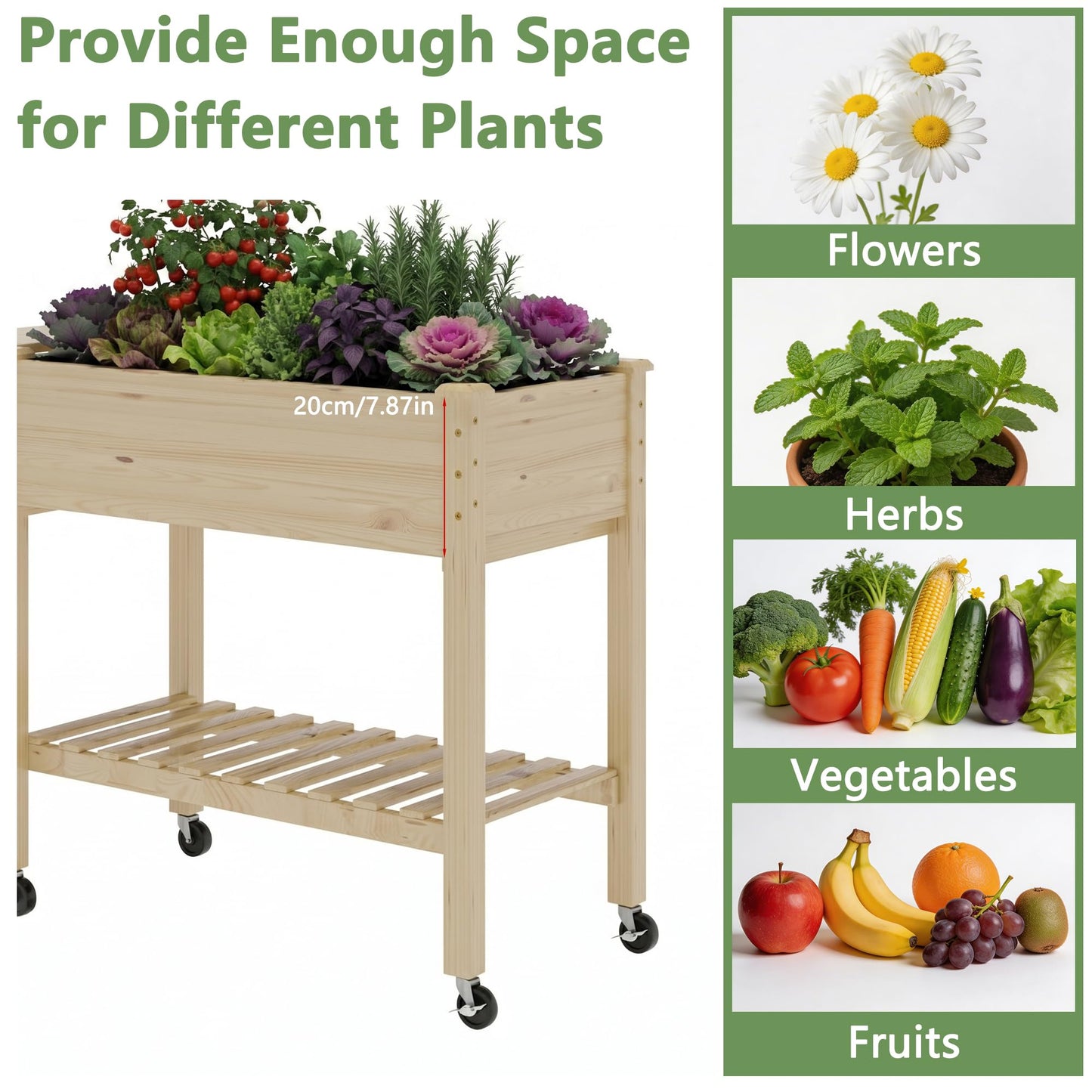 Cakhdry Raised Garden Bed with Legs and Wheels, Self-Watering System, 34x18x30in Elevated Planter Box with Storage Shelf & Liner for Flowers Vegetables Herbs, Raised Bed for Outdoor/Balcony/Patio