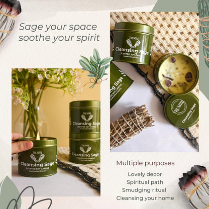 Sage Candle for Cleansing House Negative Energy - Pack of 3 x 5oz Soy Wax Natural Clean Organic Non Toxic - Aromatherapy Spiritual Meditation Gifts - Long Lasting Highly Scented Candel with Crystals