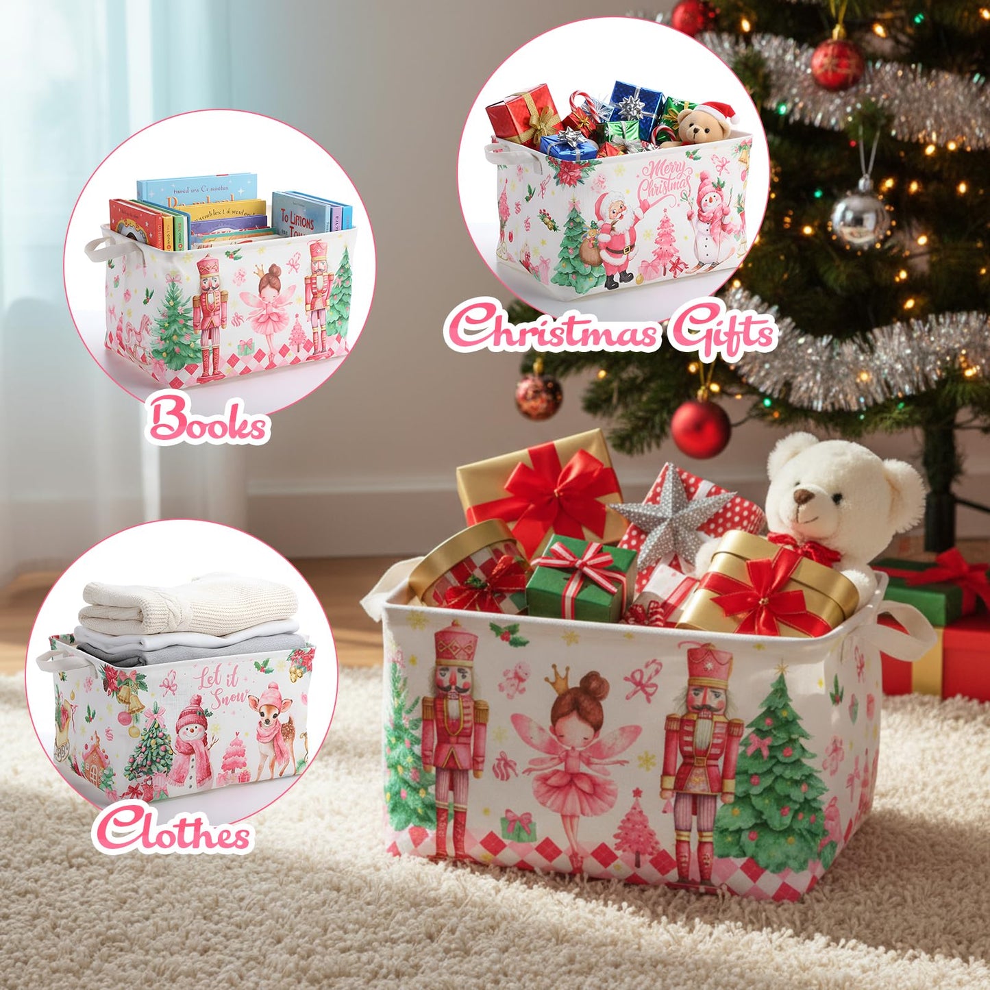 FoldTier 3 Pcs Pink Christmas Baskets Large Christmas Gift Storage Basket with Handles Foldable Snowman Santa Nutcracker Storage Bins Empty Collapsible Holiday Cube Box for Xmas Gifts Toy Clothes Book
