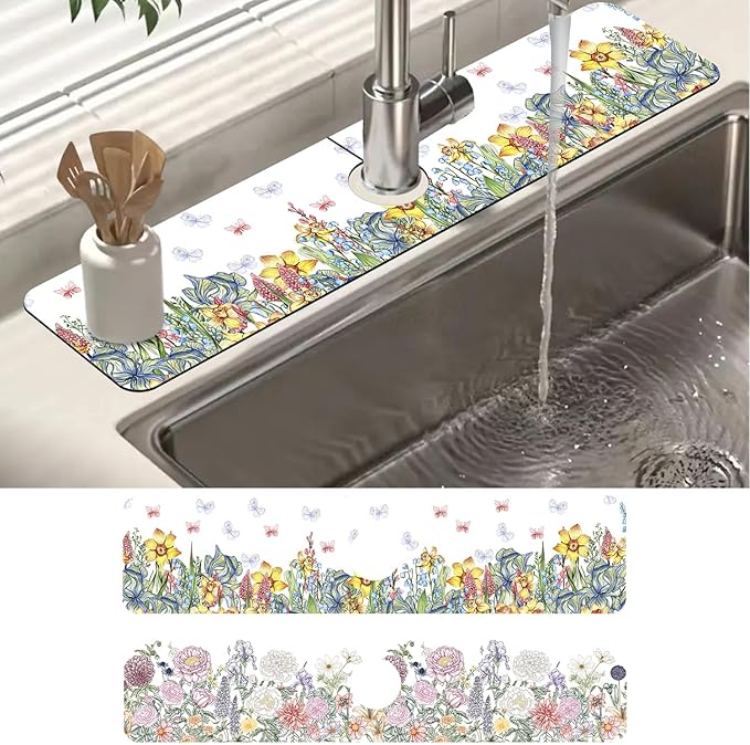 2 Pack Butterfly Floral Sink Splash Guard Faucet Mat Rose Lily Tulip Peony