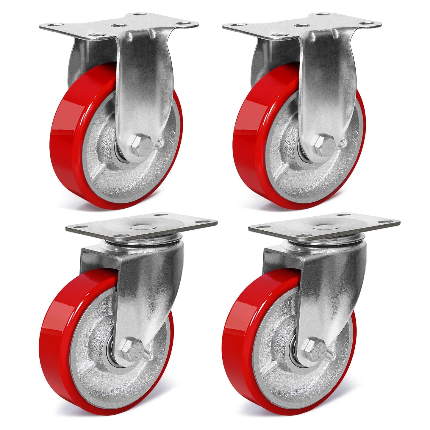 4 Inch Heavy Duty Casters, Swivel Caster Wheels, Polyurethane on Steel Wheel- Casters Set of 4 with 2000 lb Capacity, Caster Wheels for Furniture Workbench Cart (2 Swivel & 2 Rigid)