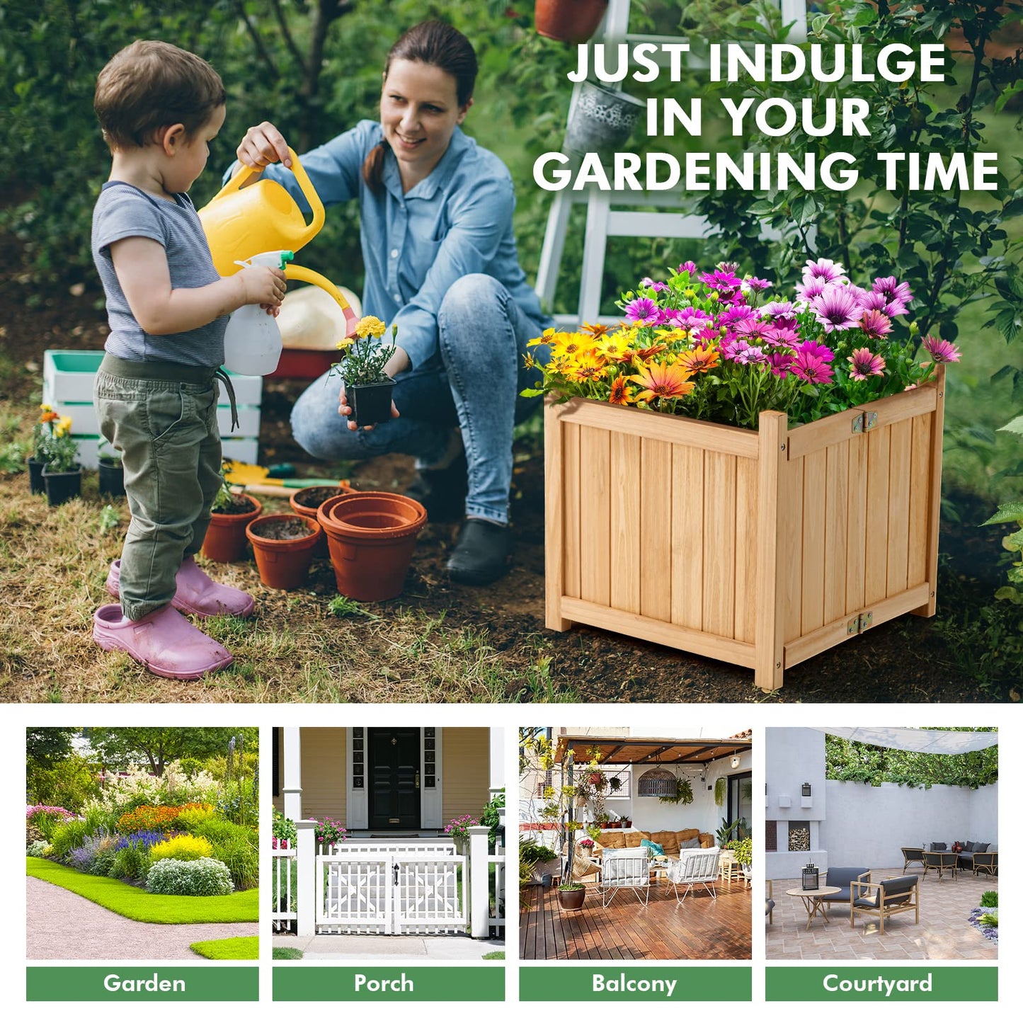 S AFSTAR Outdoor Wooden Planter Box, Folding Raised Garden Bed W/Drainage Hole, Patio Square Plant Container for Flowers, Vegetables, Fruits, Herbs, Collapsible Planting Box for Yard, 15" x 15" x 14"