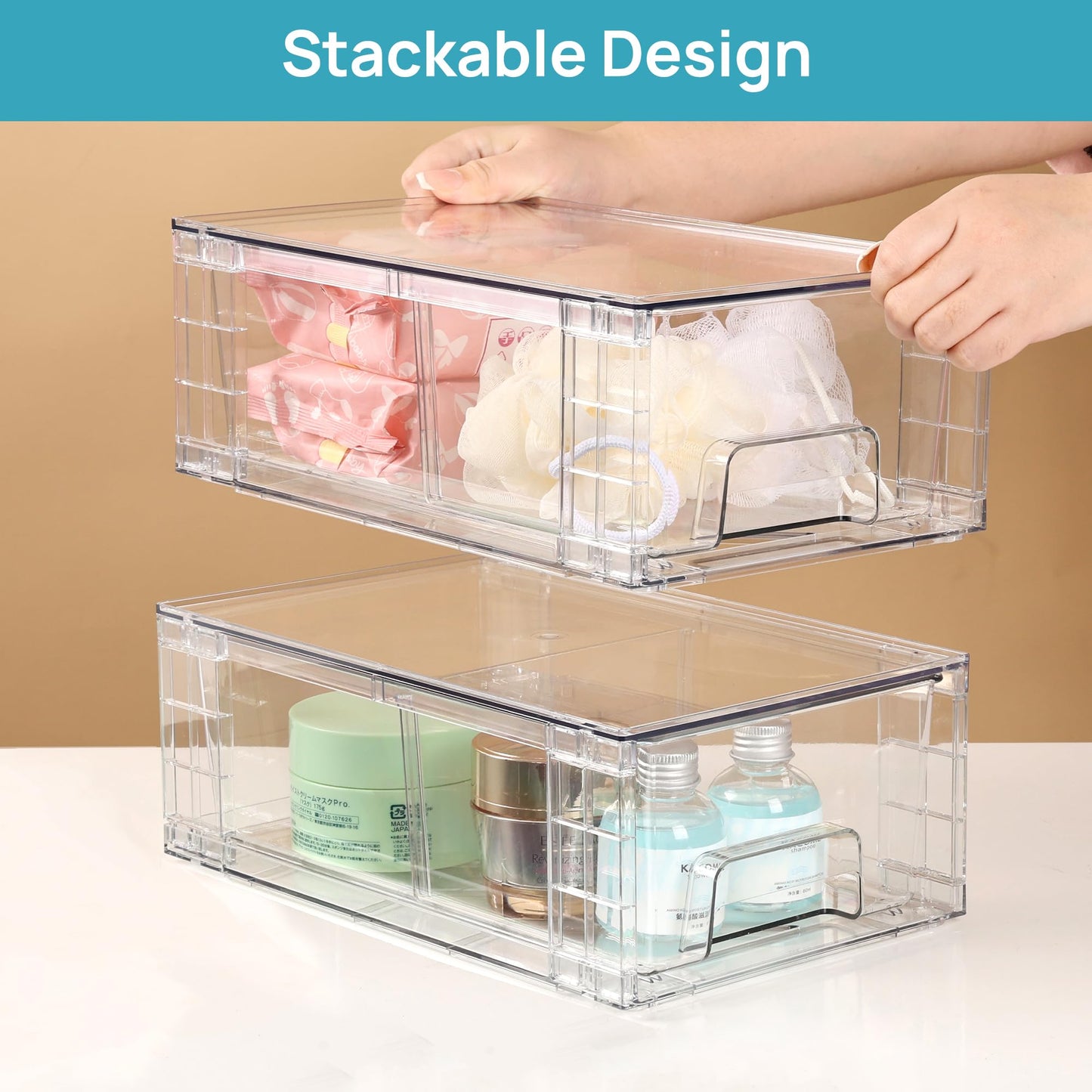 Vtopmart 4Pack Large Stackable Kitchen Pantry Storage Drawers, Clear Organizer Bins with Handles, Acrylic Drawer Organizers for Kitchen Pantry, Bathroom Undersink, Cabinet Organization and Storage