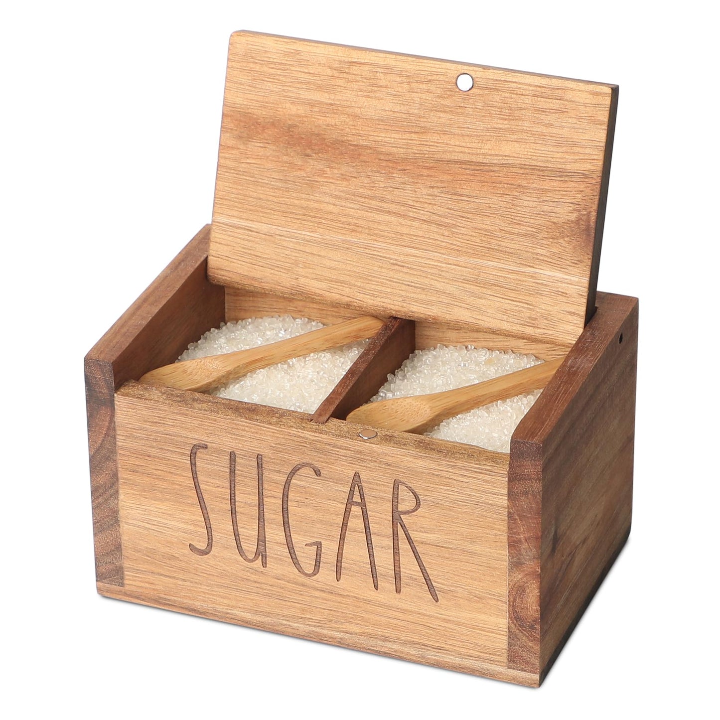Acacia Wood Spice Box with Lid and Built-in Spoon for Kitchen Countertop, Rectangle Farmhouse Kitchen Decoror for Storing Salt, Peppers, Sugar or Seasonings, Brown (Labeled - “SUGAR”)