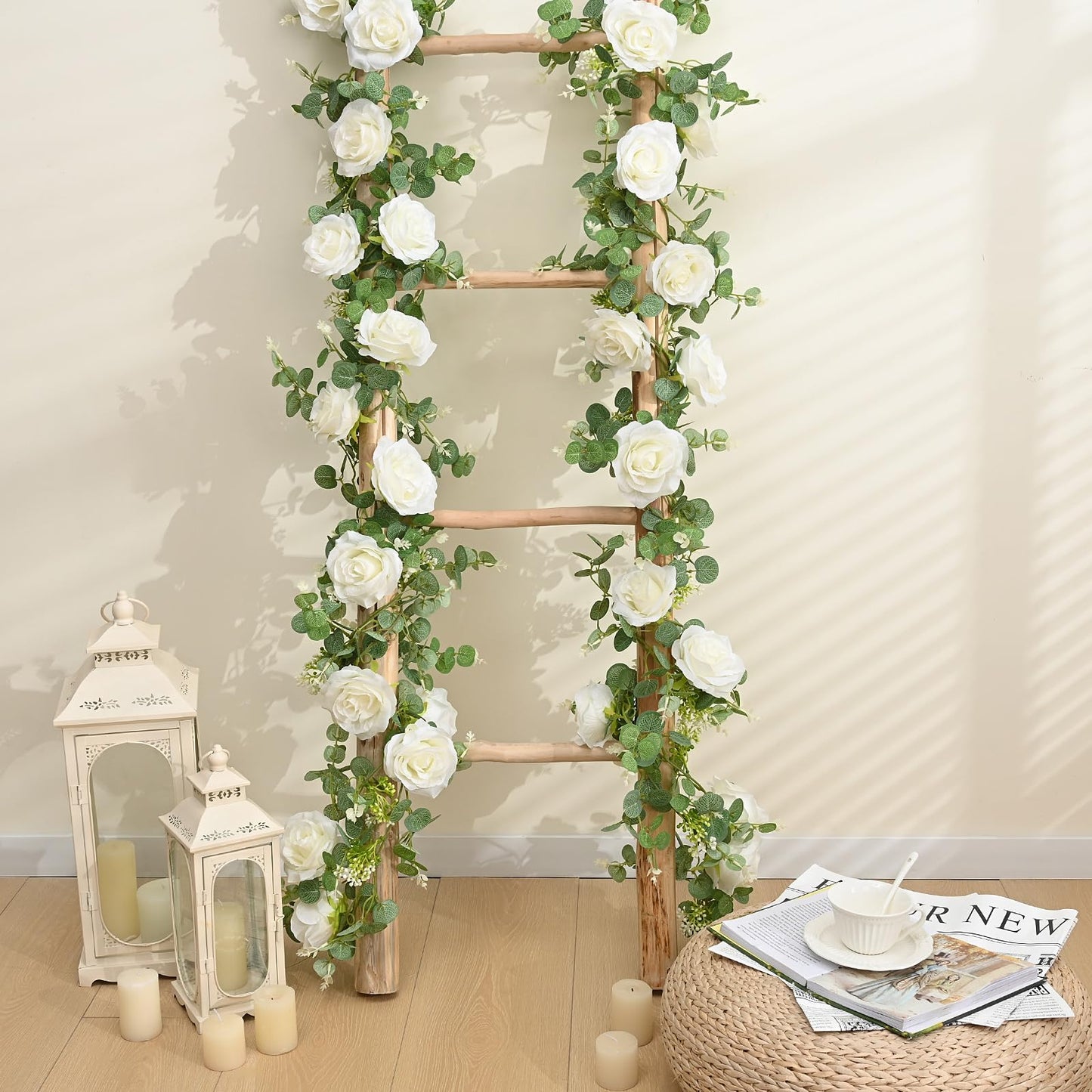 Dolicer 4Pcs 26Ft Artificial Eucalyptus Garlands with Flowers - 8 Roses, Faux Floral Greenery Garlands Fake Flowers Vines for Wedding Table Centerpieces Arch Party Ceremony Backdrop Decor (White)