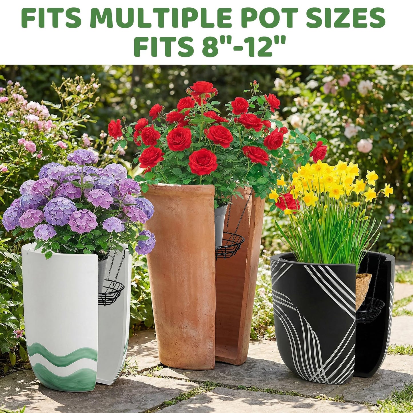 REDPOPO 2 Pack Adjustable Planter Insert for Large Pots 12-18 Inch, Stainless Steel Plant Riser with 4 S Hooks & Chains, Pot Filler for Tall Planters to Reduce Soil, Indoor Outdoor Rust Proof Plant Pot Riser for Round Square Planters