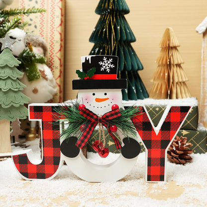 Christmas Table Decorations Wooden Joy Table Centerpieces Snowman Table Sign Standing Tabletop Merry Christmas Decoration for Holiday Office Desk Tiered Tray Party Shelf Decorations Farmhouse Winter