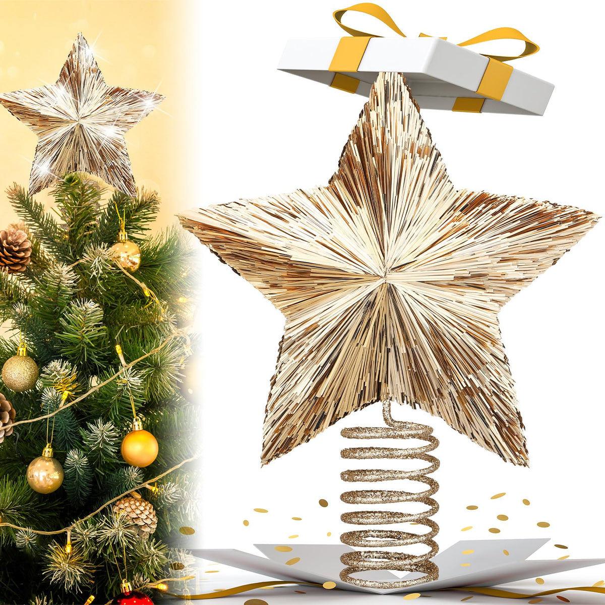Gejoy 8.2 Inch Champagne Christmas Star Tree Topper Large Gold Bethlehem Star Topper with Glitter Sequin Xmas Holiday Ornament Decoration for Christmas Tree