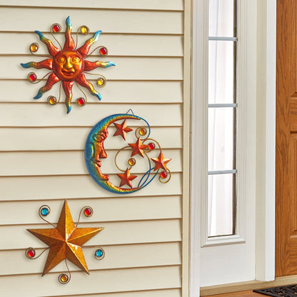 Limygus Metal Wall Art Sculpture, Set of 3 - Celestial Wall Decoration - Sun Moon Star Decorative Silhouette - Waterproof Wall Hanging Decor for Home Office, Bedroom, Bathroom, Living Room