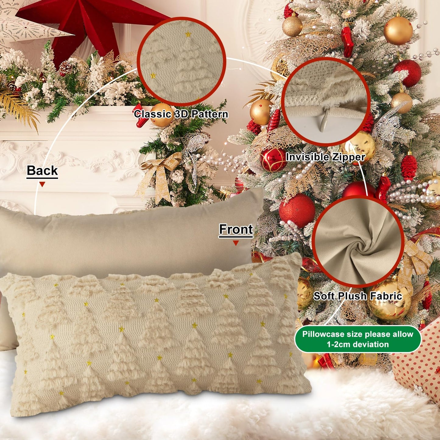 Lanpn Christmas 12x24 Throw Pillow Covers Set of 2, Winter Star Christmas Tree Throw Pillow Cases Soft Plush Faux Fur Wool 12 x 24 Winter Cushion Cover for Indoor Home Bedroom Couch Sofa Decor (Beige)