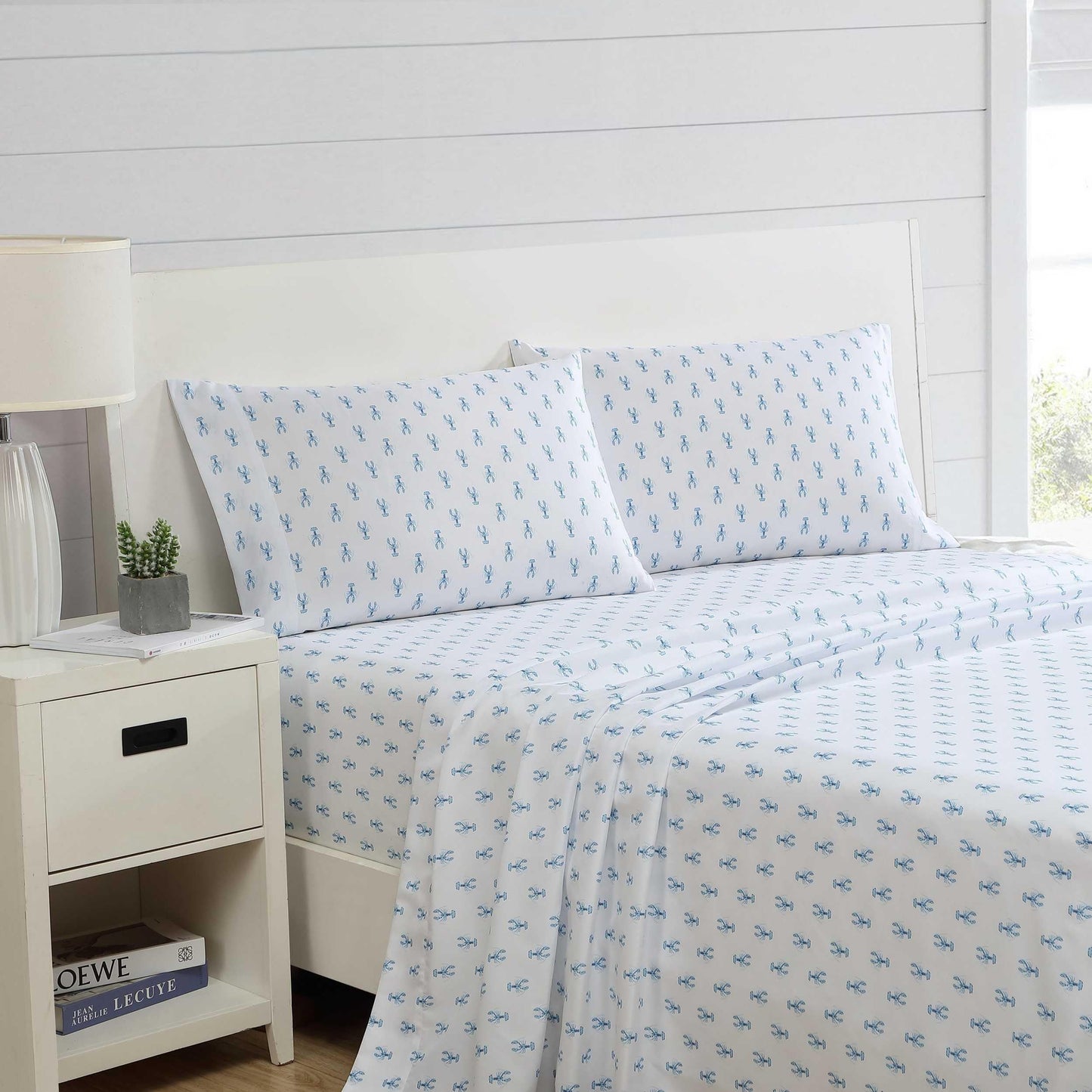 Nautica - Sheet Set, Breathable & Cooling Microfiber Bedding with Matching Pillowcase, Deep Pocket, Fully Elasticized (Nantucket Lobster Ocean Breeze Blue, Twin XL)