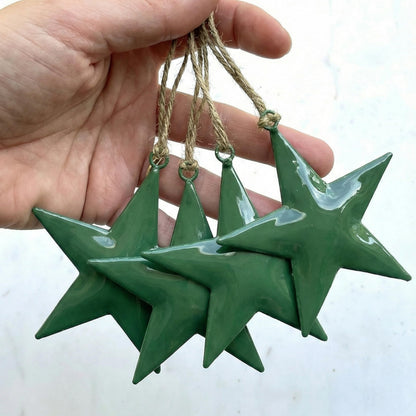 Green Star Hanging Ornaments Set of 4 – Rustic Farmhouse Decor, Christmas Tree Ornaments, Wall & Door Hanging Stars for Home, Holiday, Winter & Festive Decorations