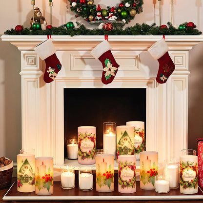 Retisee 3 Pcs Farmhouse Christmas Flameless Candles with Remote Rustic Christmas Battery Operated LED Candles Farmhouse Xmas Decor for Rustic Xmas Holiday Dining Table Bedroom Living Room