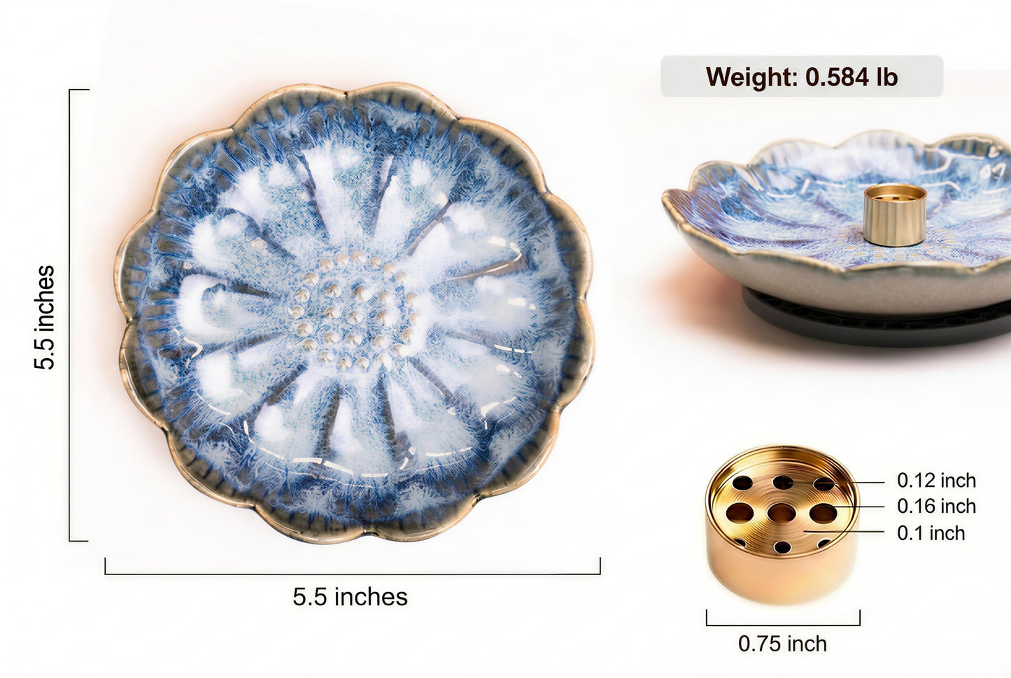 Pinehaven Lotus Incense Holder – 5.5 Inch Ceramic Tray with Ash Catcher, Blue, Solid Brass 9-Hole Insert – for Incense Sticks, Palo Santo, Sage & Cones – Zen Meditation Home Decor