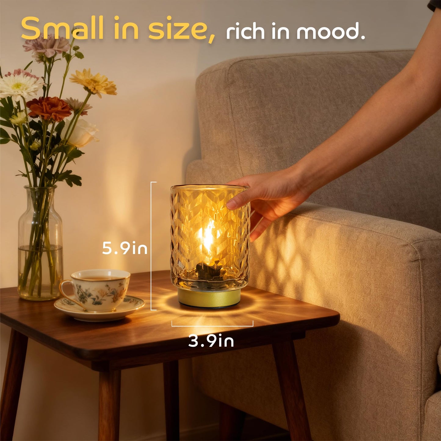 LUSHARBOR Battery Operated Lamp with Timer, Small Decorative Table Lamp Ambient, Glass Cordless Lamps Bedside Battery Powered Lamp for Bookshelf, Entryway Wave Design-Amber