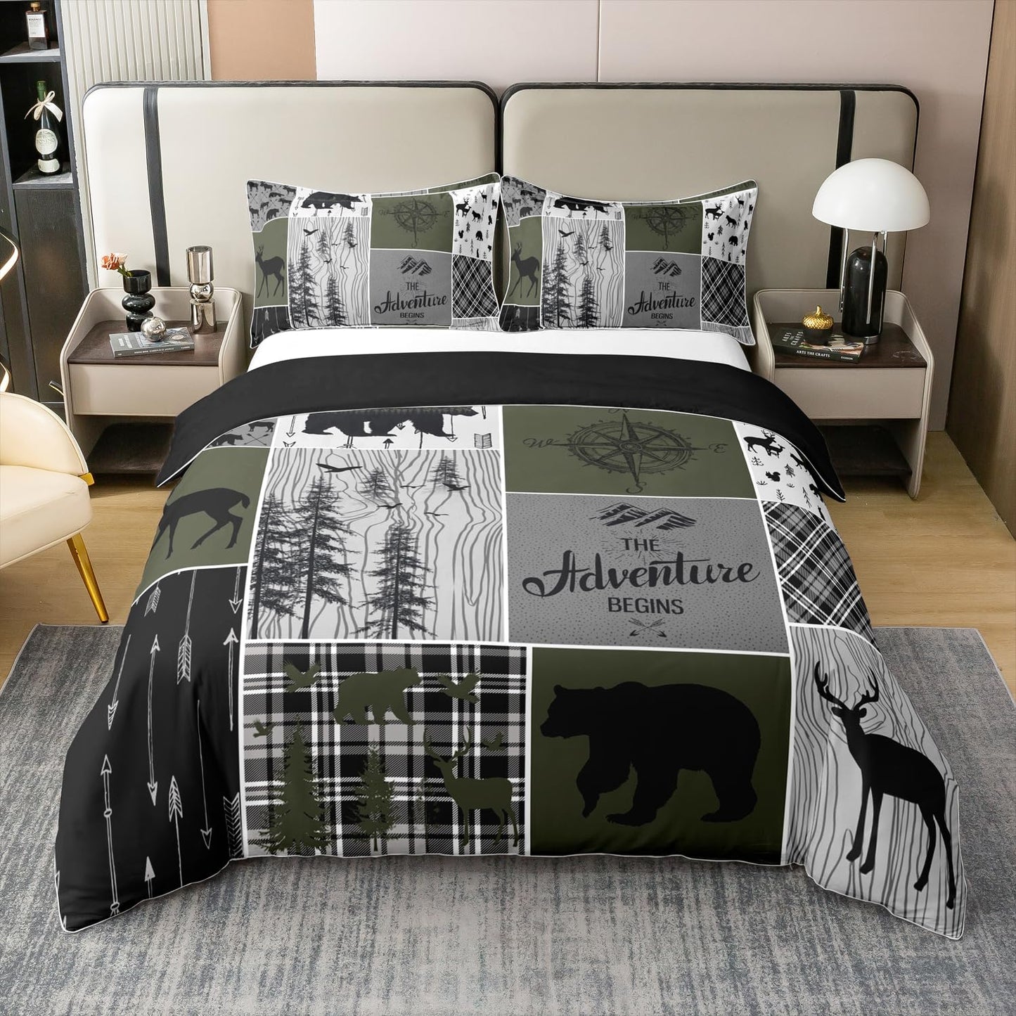 Erosebridal Retro Farmhouse Cabin 100% Cotton Duvet Cover Queen Size Rustic Bear Deer Bedding Set for Boys Teens Adult Bedroom Camping Lodge Decor Comforter Cover Plaid Hunting Animal Bedclothes