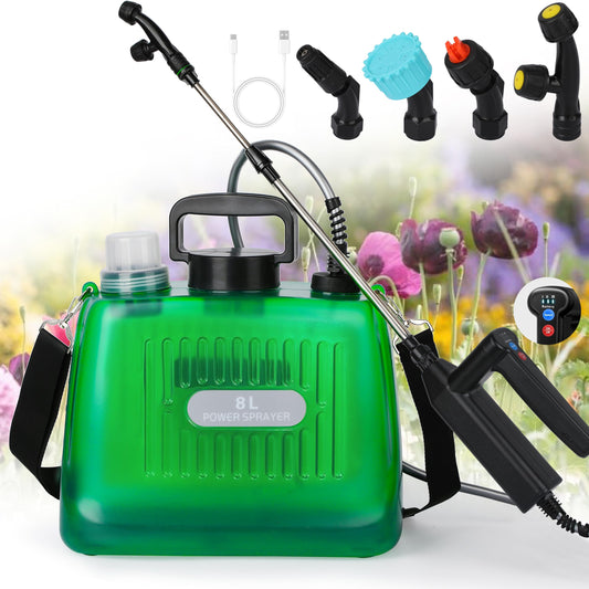 Ramarmro Battery Powered Sprayer 2 Gallon, Electric Sprayer with 4 Mist Nozzles, USB Rechargeable Handle, 32in telescopic Wand, Garden Sprayer with Adjustable Shoulder Strap for Lawn, Garden, Cleaning