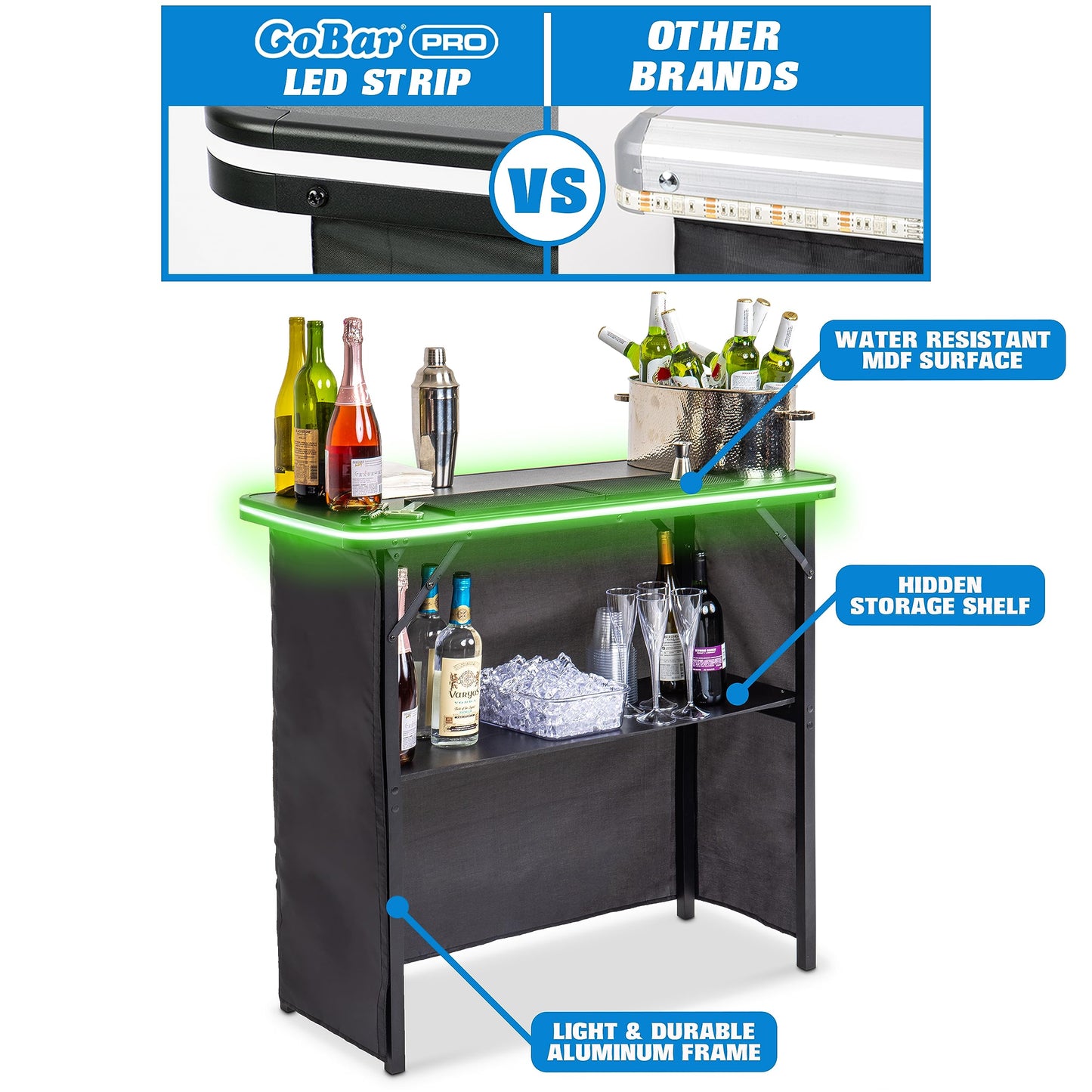 GoBar Portable Bar Table with Multi-Color LED Lights - Mobile Bartender Station for Events - Includes Carrying Case