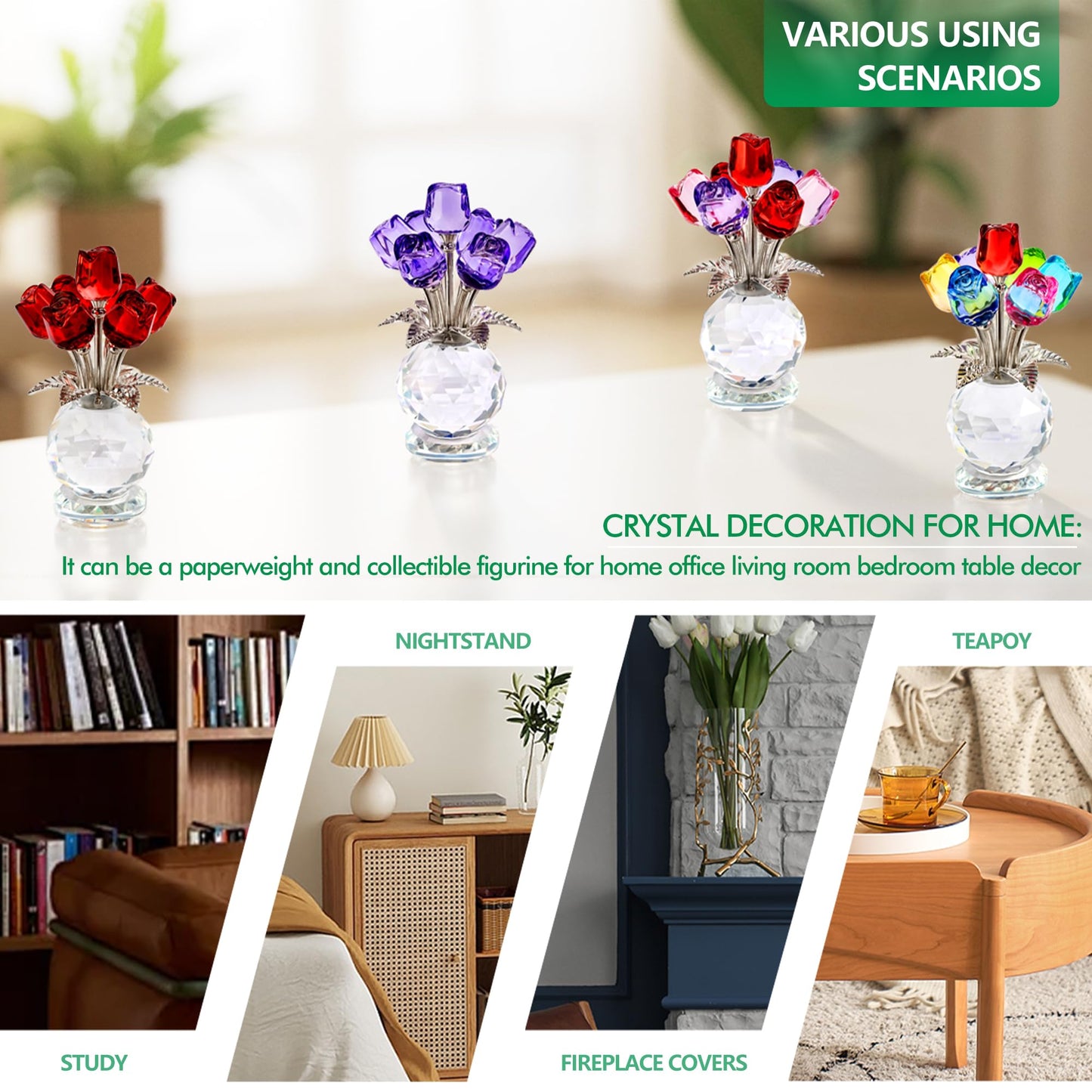 KRISININE Crystal Colorful Rose Flower Collectible Figurine Glass Flowers with Vase Romantic Gifts for Wife Mom Women(2.8 * 4.7in)