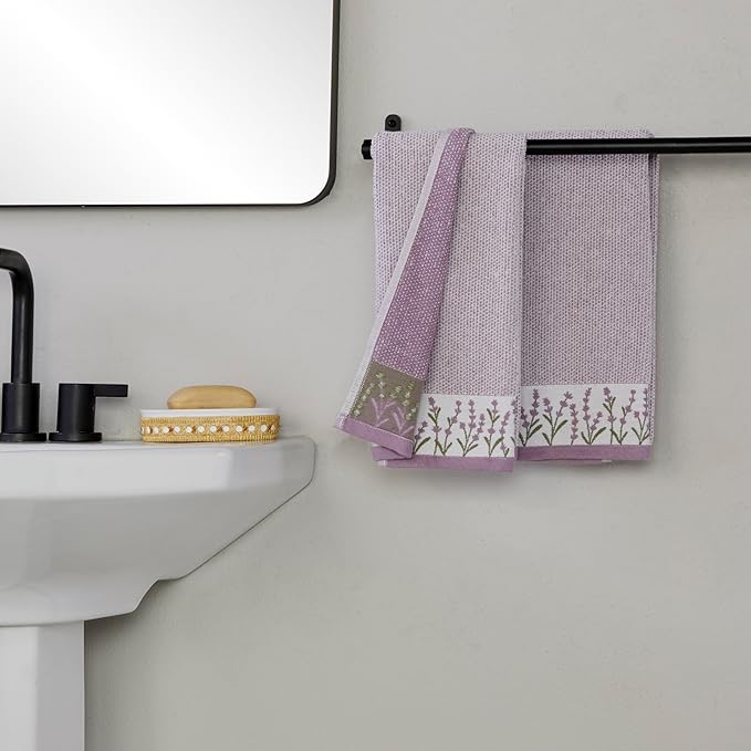 SKL Home Lavender Border 100% Cotton Jacquard 2pc Hand Towel Set, Embroidered &