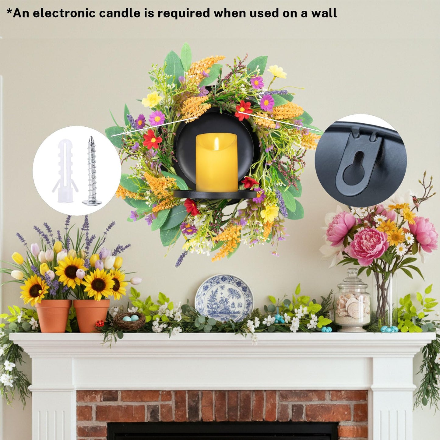 MOYEE Summer Centerpieces for Tables Wreath with Candle Holder,Candle Ring, Black Metal Candlestick with an Artificial Wreaths 14 in Versatile Dining Table Centrepiece (Golden Wheat Ear Wreath)