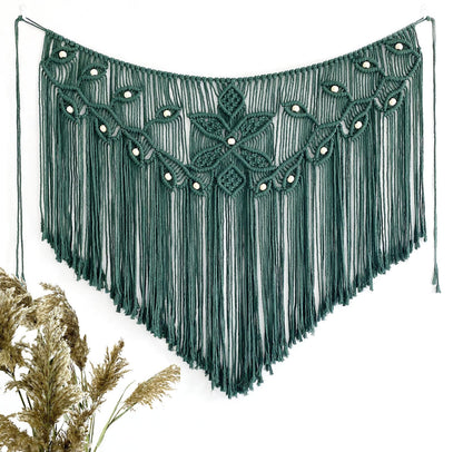 Youngeast Home Decor Leaf Shape Macrame Wall Hanging Woven Tapestry Bedroom Curtain Fringe Garland Banner Living Room Wall Decor Dark Green 39X31 inches