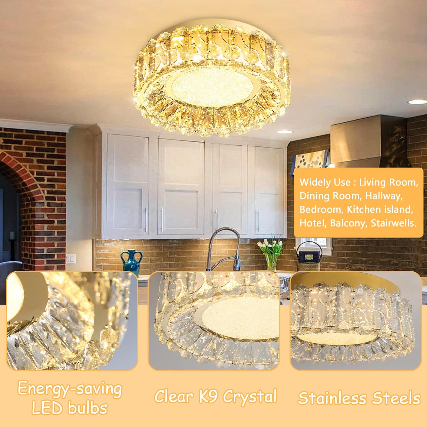 AFQEJG 12 Inch Dimmable Crystal Chandelier Modern LED Flush Mount Ceiling Light Fixtures for Bedroom Hallway Staircase Gold