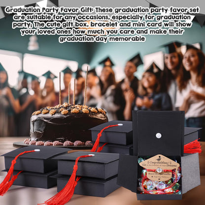 Cunno 50 Sets 2026 Graduation Gifts Bulk Include 50 Compass Bracelet 50 Graduation Cap Box with Tassel 50 Congratulations Cards, Party Favors Party Supplies for Him Her(Black Red)