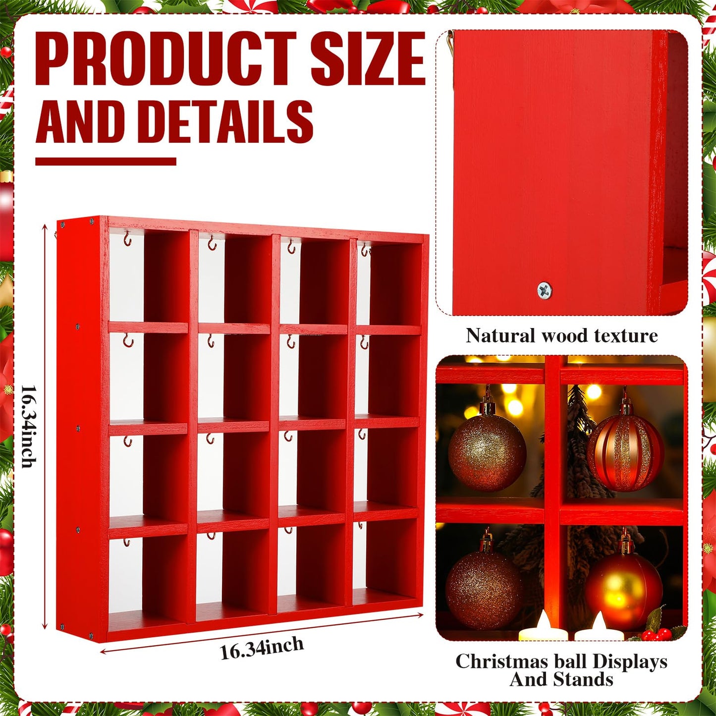Cinnvoice Christmas Holiday Ornament Displays Rack Wooden Hanging Stand Holder Hanger for Christmas Ball Display Shelf Cabinet for Craft DIY Wall Decorations Gift(Red,16 Compartment)