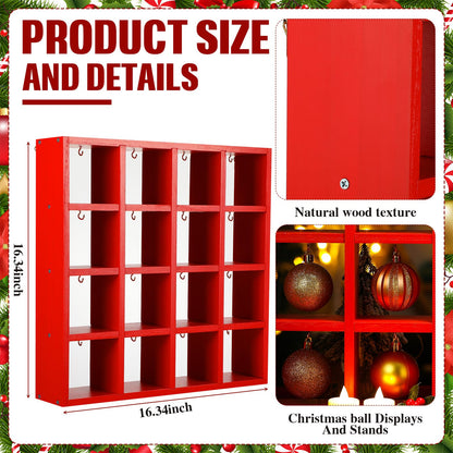 Cinnvoice Christmas Holiday Ornament Displays Rack Wooden Hanging Stand Holder Hanger for Christmas Ball Display Shelf Cabinet for Craft DIY Wall Decorations Gift(Red,16 Compartment)