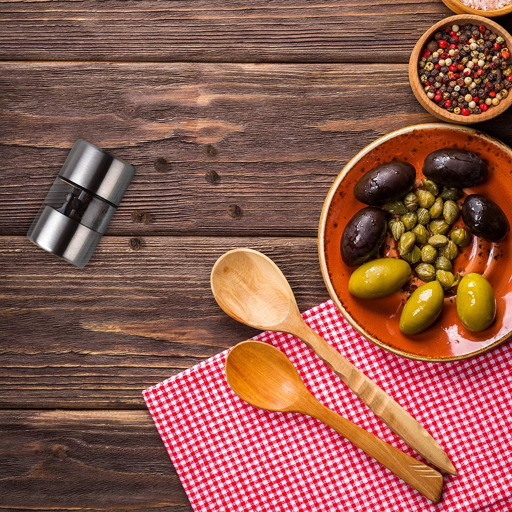 T-mark Premium Sea Salt and Pepper Grinder Set - Spice Mill with Brushed Stainless Steel, Small Portable Ceramic Salt & Pepper Shakers (2-Pack)