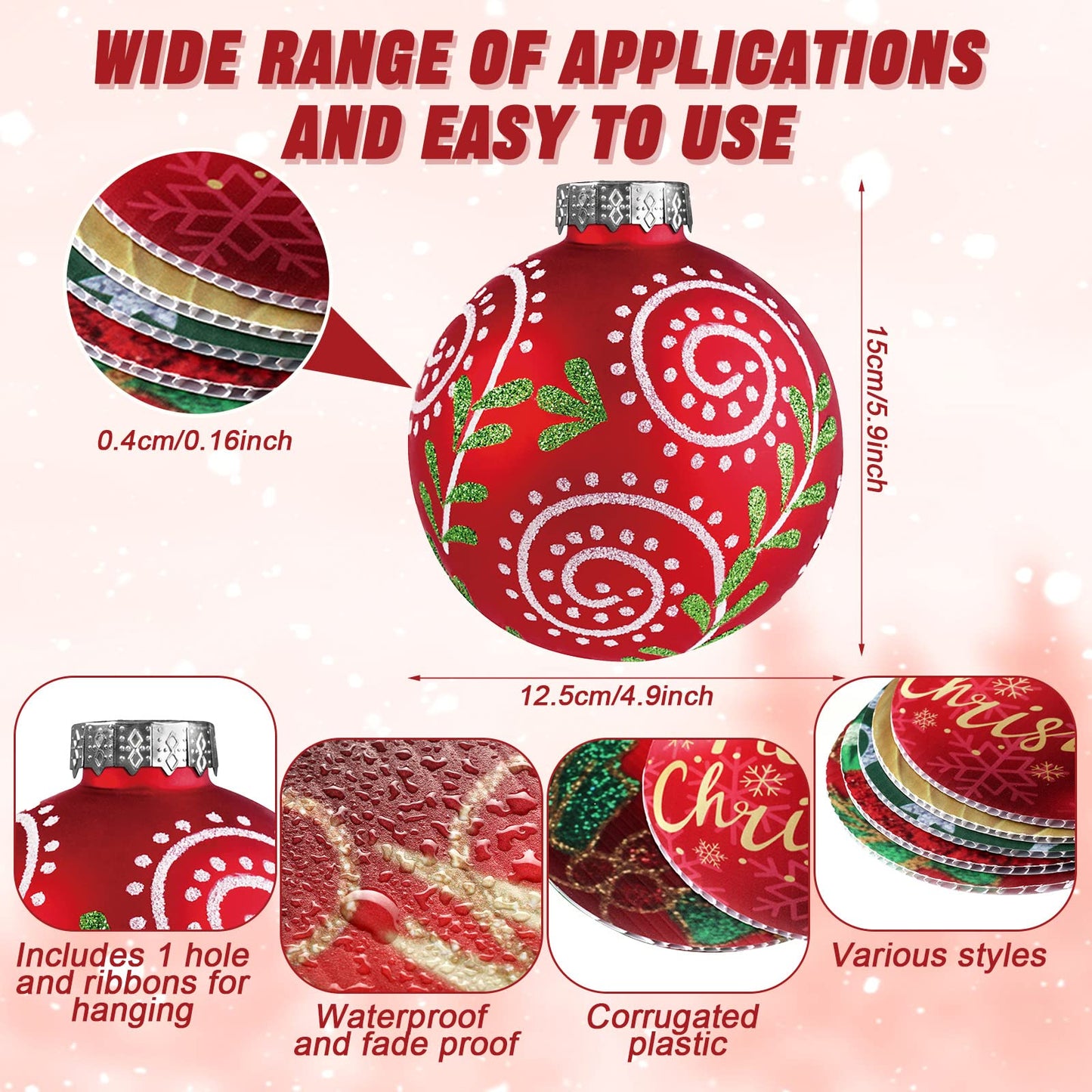 Rtteri 30 Pcs Large Christmas Ball Shape Ornaments for Outdoor 4.9 Inch Double Sided Plastic Christmas Hanging Ornaments Balls for Xmas Tree Indoor Outdoor Porch Yard Supplies