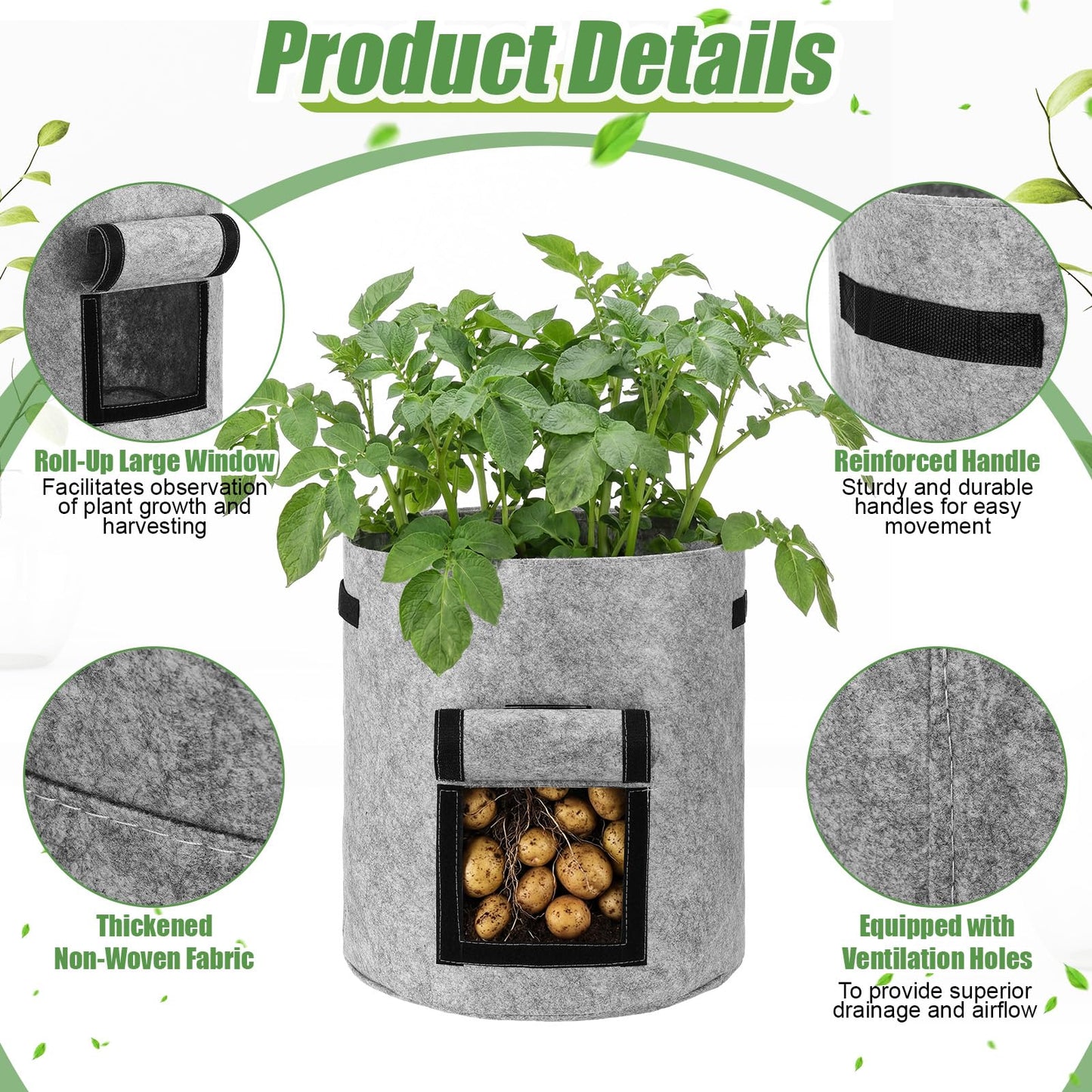 Yoojahow 8 Pcs 15 Gallon Potato Grow Bags Garden Planting Bag Vegetable Grow Bags with Flap and Handle Thickened Nonwoven Fabric Pots Thick Fabric Garden Containers for Potato Tomato Vegetables