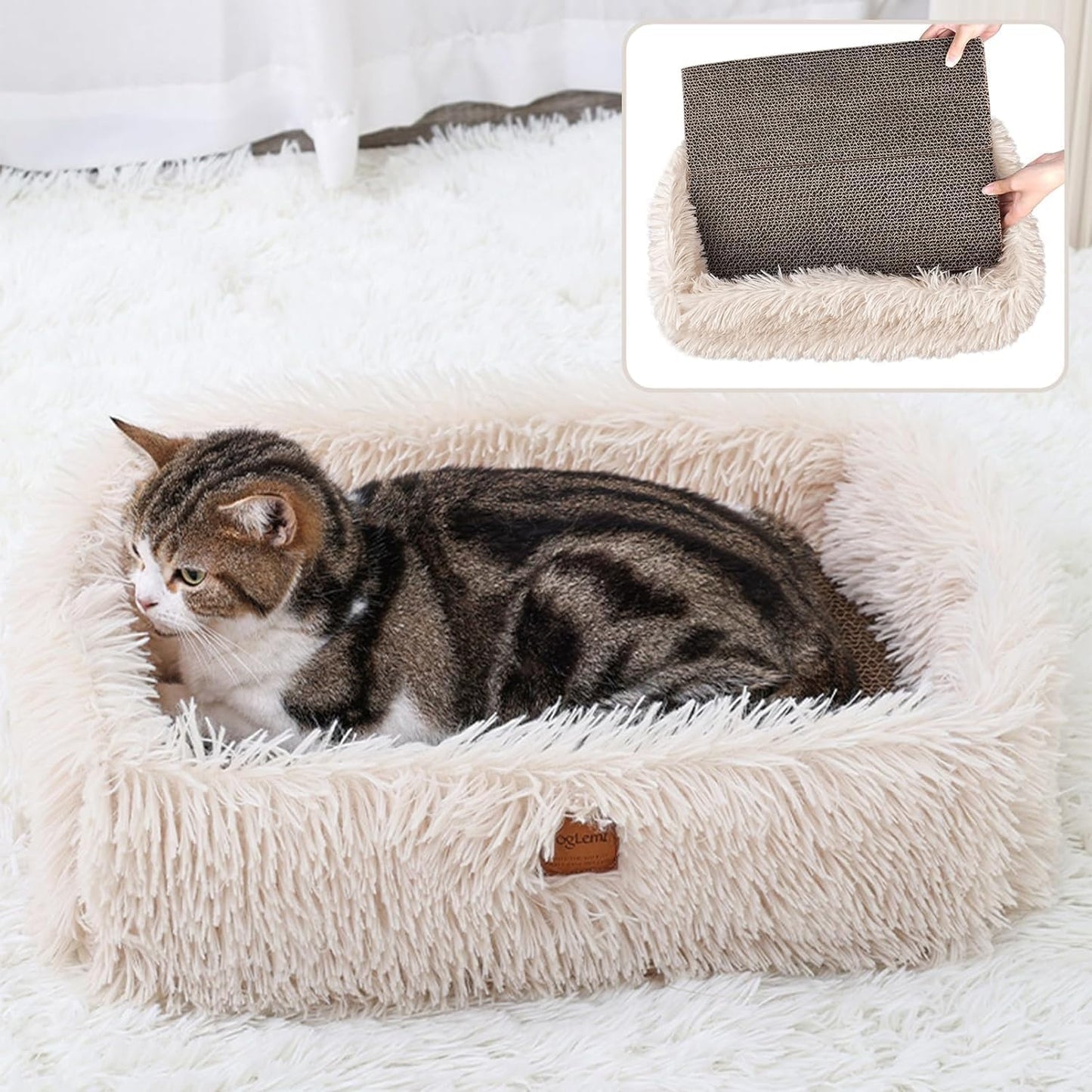 TIGOADT Fluffy Cat Scratcher Lounge Box with Removable Cardboard,Cat Rectangular Bed with Corrugated Board, Pet Scratching Pad for Furniture Protection, Training Toy (Beige)