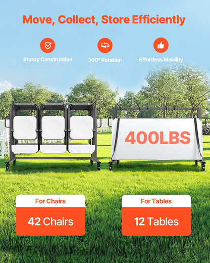 VEVOR Folding Chair Rack, 400 LBS Capacity, Heavy-Duty Chair Cart for 42 Chairs or 12 Tables, Multi-Function Chair Storage Dolly with Rubber Wheels and Holders, Large Chair Holder, Matte Black