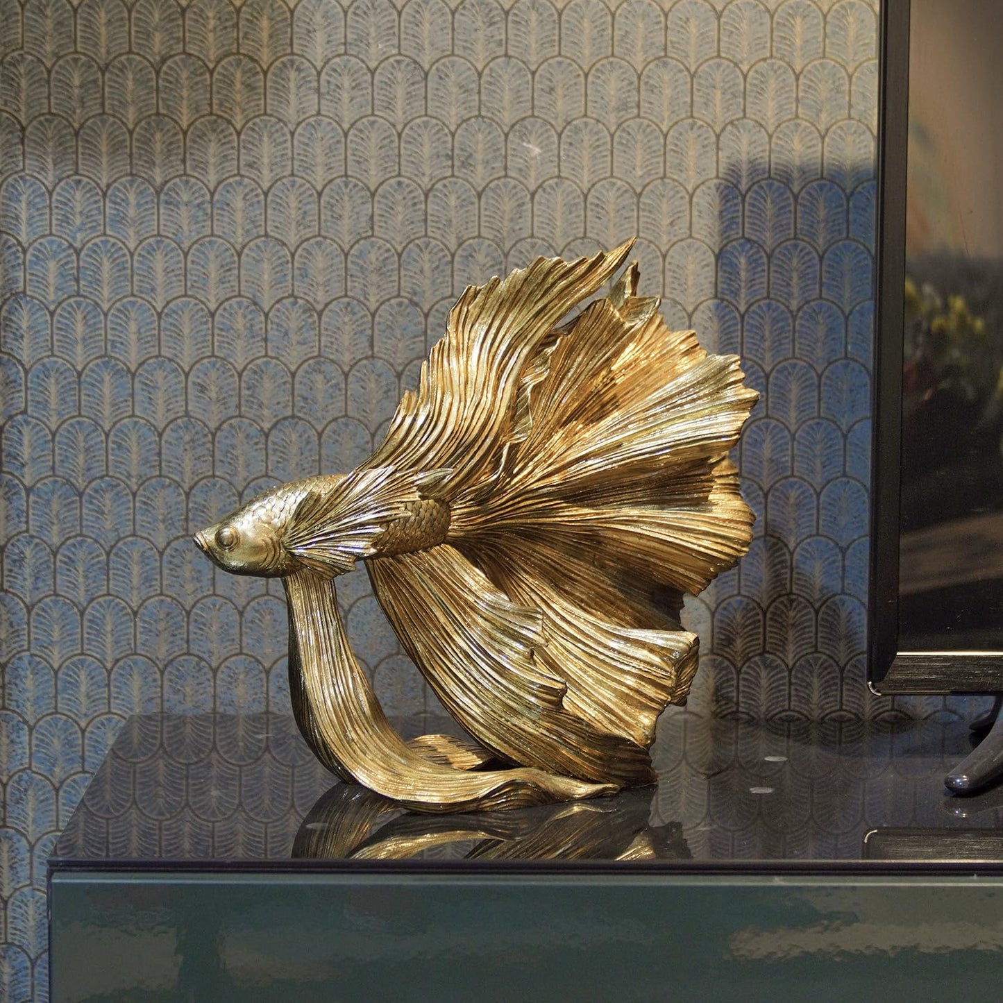 Guichifun Collectible Figurine Goldfish Statue Decor - Betta Sculpture Decoration Luckly Wealth Resin Fish Figurines Office Shelf Sculpture Home Decor Birthday Gifts for Father 14 X 6 X 13 inch