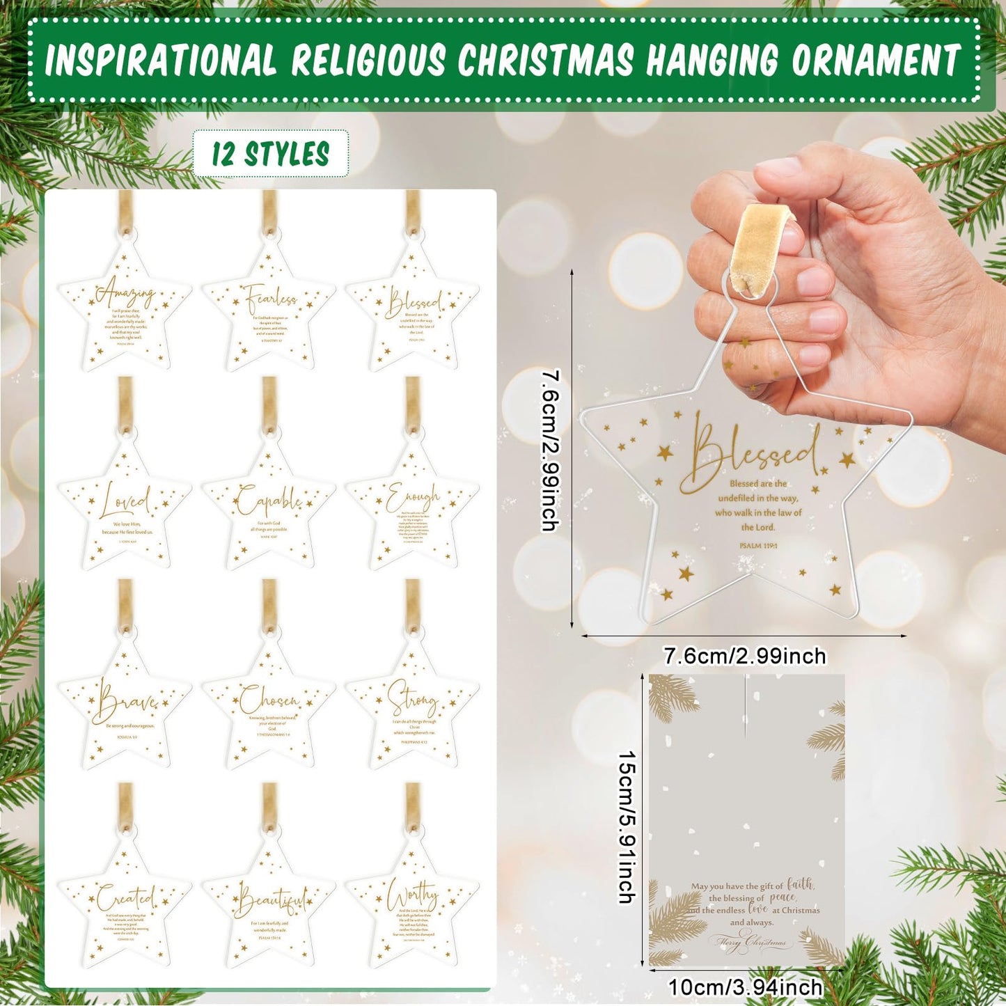 Roowest 36 Sets Religious Christmas Ornaments Bulk Christmas Christian Gifts Acrylic Star Christian Ornaments for Xmas Tree Card Bag Bible Verse Faith Based Hanging Sign Church Home Decorations