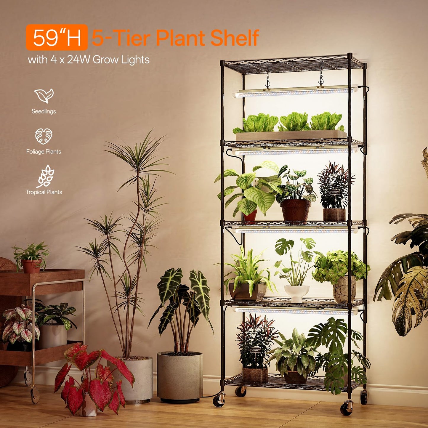 Bstrip Plant Stand with Grow Light, 5-Tier Plant Shelf with 4 Pack T8 Full Spectrum Grow Light for Indoor Plant Seed Starting, Winter to Spring Transition, Seed Tray, Timer & Wheels, 23.5"x13.8"x 59"