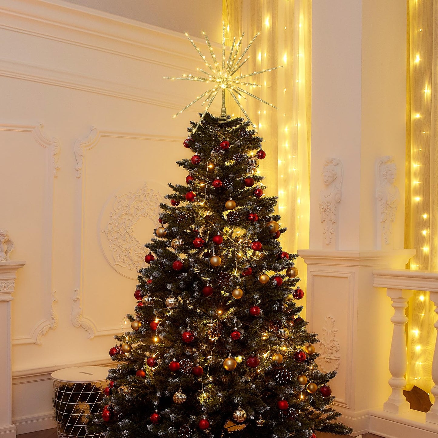 Obralitic 15 Inch Christmas Tree Star Topper with 150 LED Timer Lights & Remote, 19-Point USB Powered Lighted Gold Starburst Star Tree Topper for Indoor Holiday Party Xmas Tree Decor