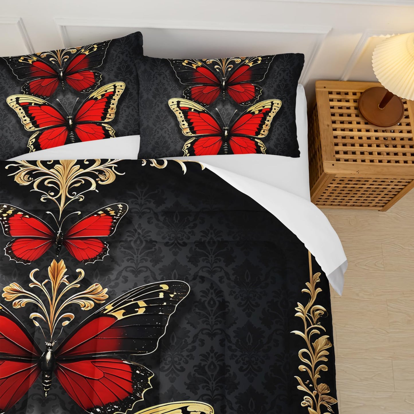 lneffble Red and Gold Butterfly Comforter Sets Queen Size Bed Set，Gothic Queen Size Bedding Set，with 1 Comforter with 2 Pillow Case，Butterfly Themed Bedroom Decor