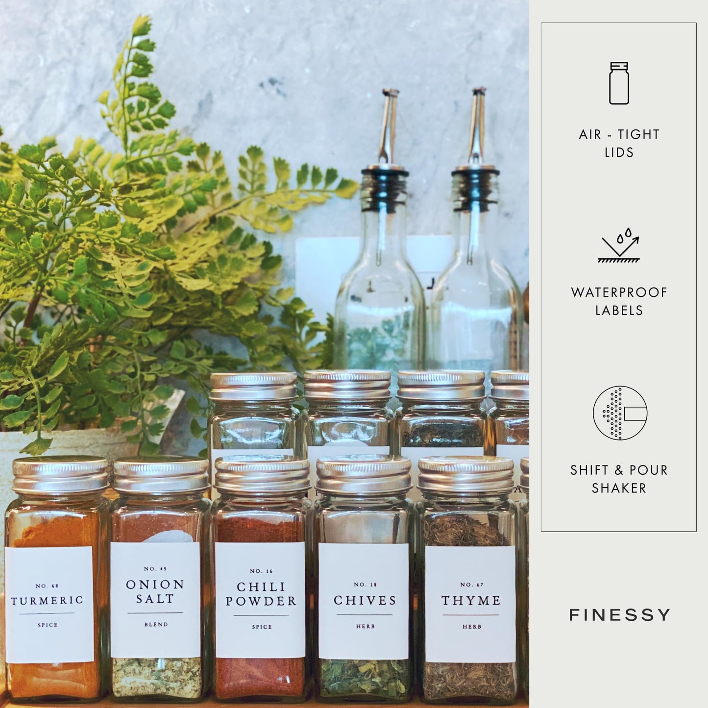 FINESSY Glass Spice Jars with Labels with Metal Lids and Shakers 24 Pack Set, 4oz Small Empty Air Tight Spice Containers with Labels, Clear Seasoning Containers Herb Bottles Kitchen Storage Organizer