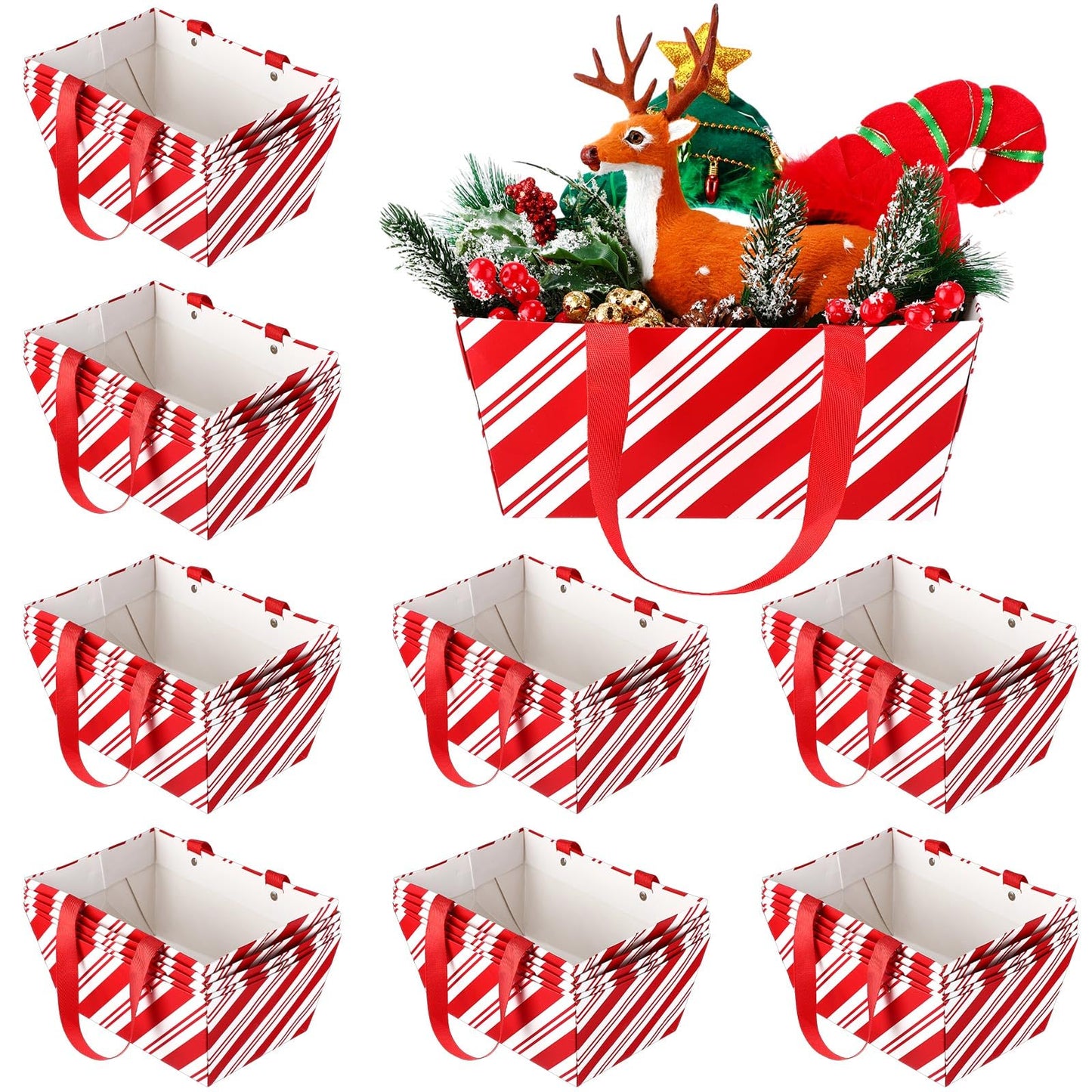 Pinkunn 48 Pcs Christmas Basket for Gifts Empty Bulk, Holiday Gift Empty Baskets with Handle, Reusable Kraft Market Cardboard Tray for Xmas Present Wrapping(Candy Stripe,12.6 x 9.8 x 5.9 in)