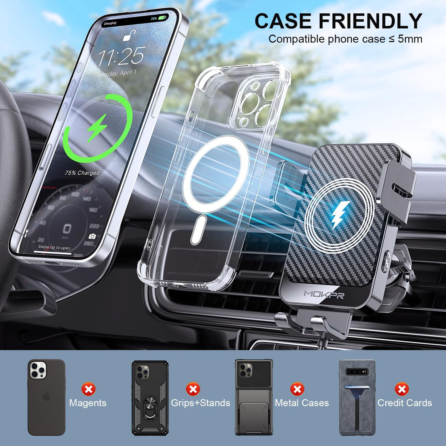 MOKPR Car Phone Holder Wireless Charger, 15W Wireless Car Charger, Auto-Clamping Car Phone Holder Charger Air Vent Mount Compatible for iPhone 15/14/13/12/11/X/8, Samsung S22/S21/S20, etc