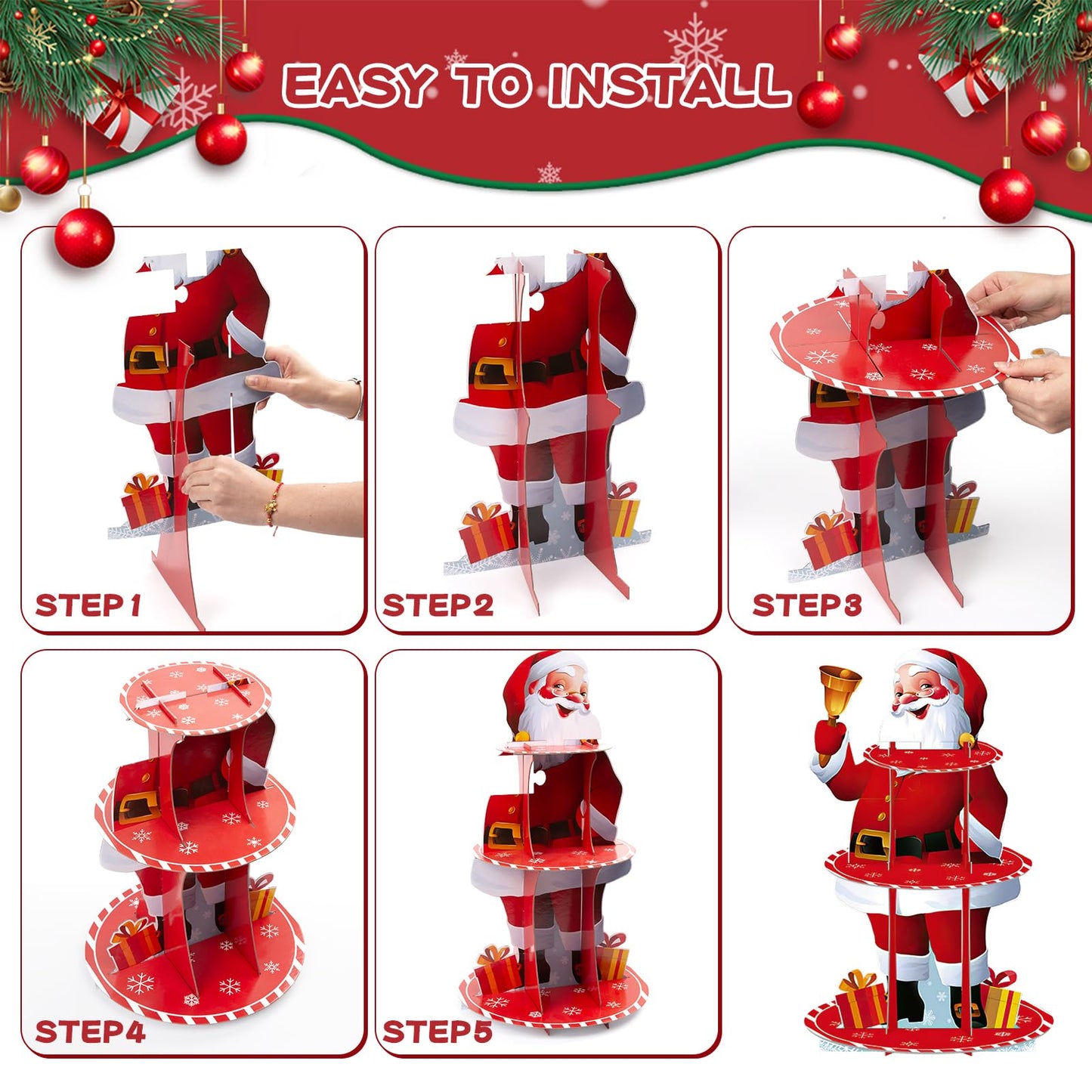 PRATIQUE 2Pcs Christmas Cake Stand Set with Santa & Tree,3-Tier Dessert Display Tower and Santa with Bell Ornament, Rustic Xmas Party Centerpiece for Holiday Cupcakes, Candy, Hot Cocoa Bar Decor