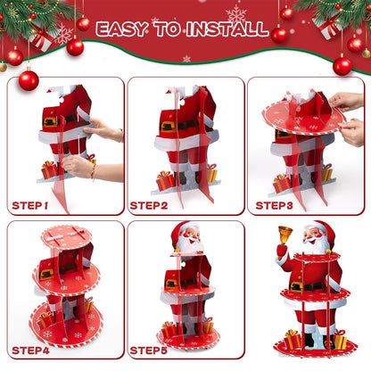PRATIQUE 2Pcs Christmas Cake Stand Set with Santa & Tree,3-Tier Dessert Display Tower and Santa with Bell Ornament, Rustic Xmas Party Centerpiece for Holiday Cupcakes, Candy, Hot Cocoa Bar Decor