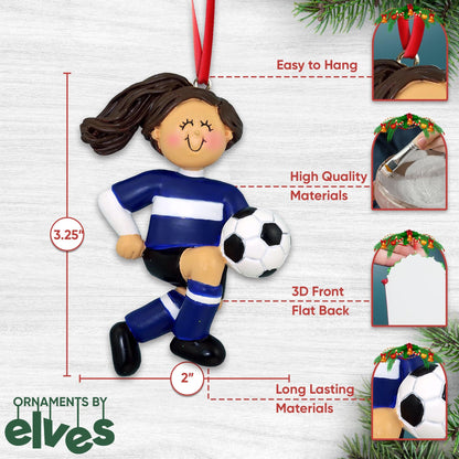 3D Girl Soccer Ornaments for Christmas Tree - Personalized Soccer Ornament 2025 Personalized Christmas Ornaments for Kids Gifts for Girls Custom Name & Year Brunette Player with Blue Jersey Keepsake